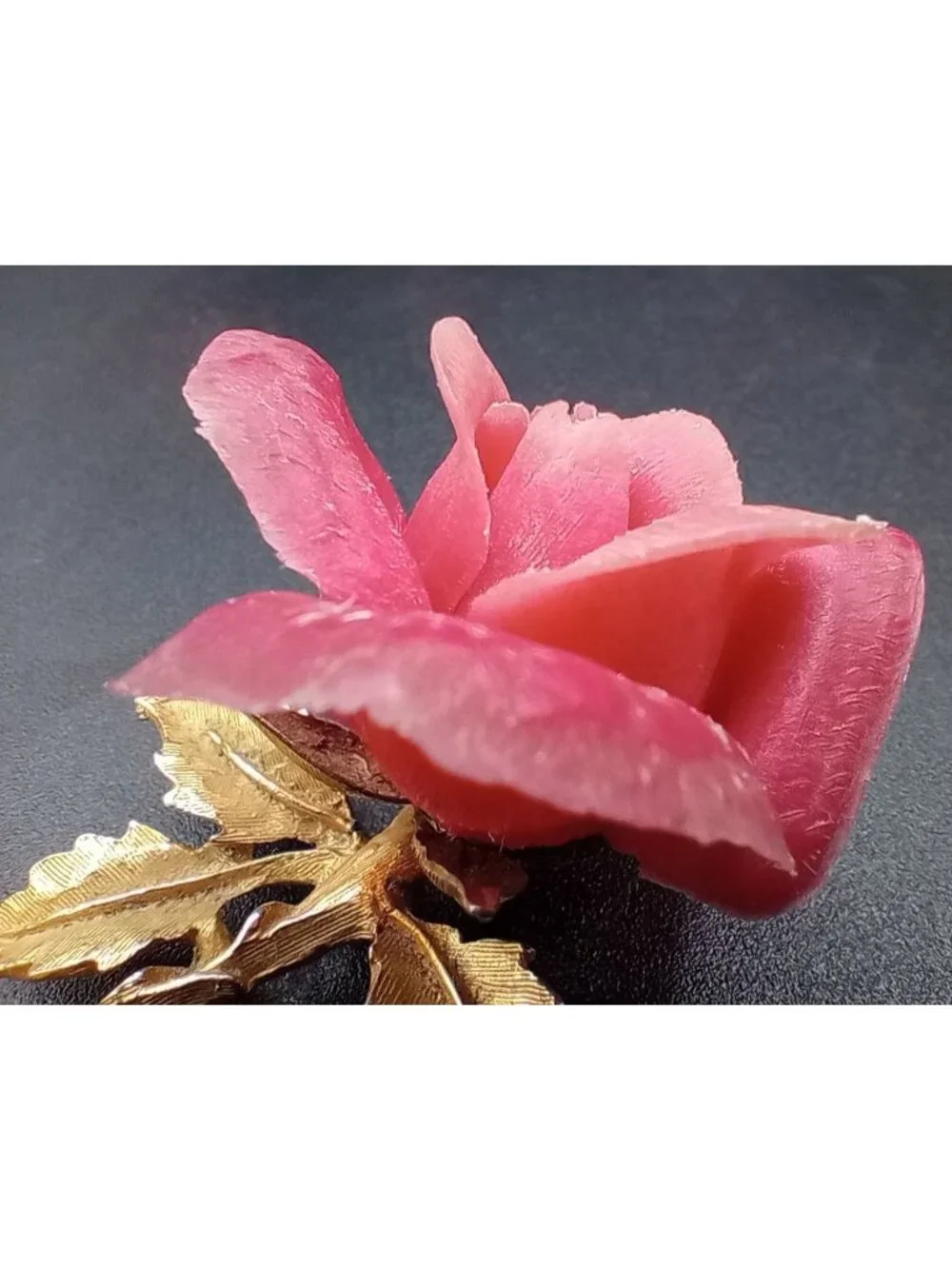 Vintage Pink Rose Brooch Pin Gold Tone Stem Leaves Signed BARI 3.25